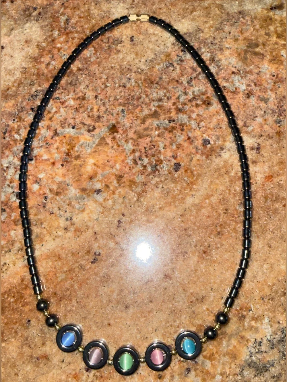 Vintage 90s Hematite and Multicolor Cat's Eye Glass Beaded Necklace